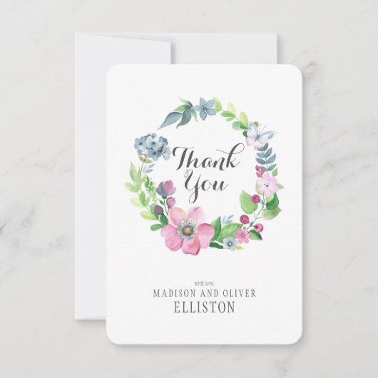 Boho Watercolor Floral & Butterfly | Vielen Dank Dankeskarte (Vorderseite)