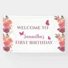 Boho  Watercolor Floral First Birthday  Banner