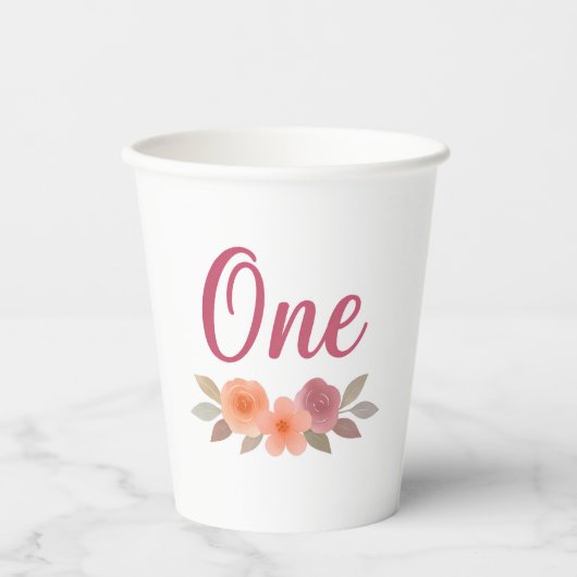 Boho Watercolor Floral First Birthday Pappbecher (Vorderseite)