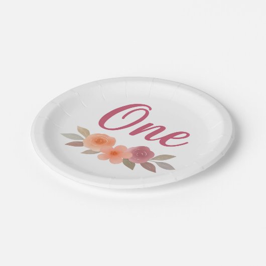 Boho Watercolor Floral First Birthday Pappteller (Schrägansicht)