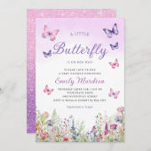 Boho Watercolor Floral Girl Butterfly Babydusche Einladung (Vorne/Hinten)