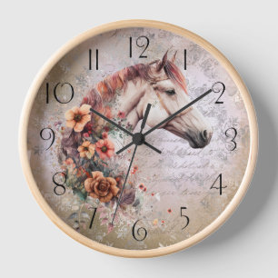 Boho Watercolor Floral Horse Uhr