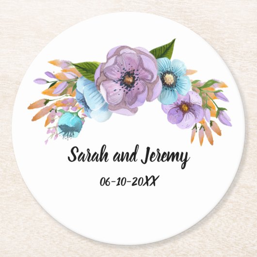 Boho Watercolor Floral Lilac & Aquamarin Personali Runder Pappuntersetzer (Vorderseite)