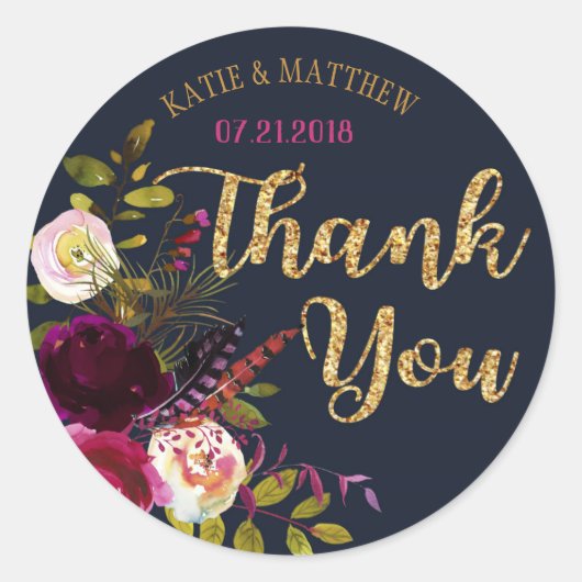 Boho Watercolor Floral Modern Wedding Label Runder Aufkleber (Vorderseite)