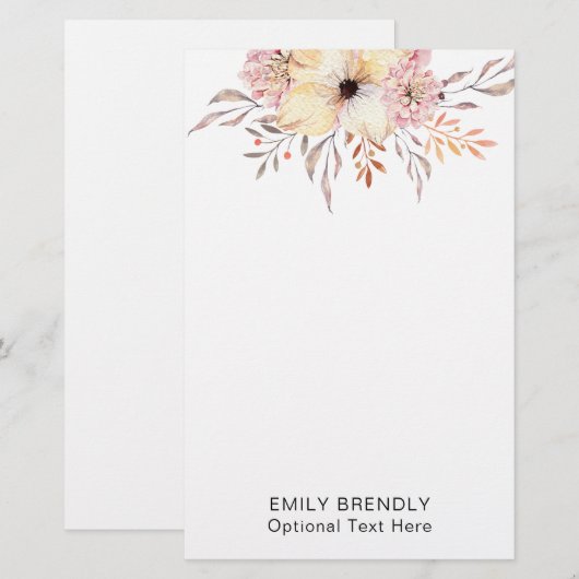 Boho Watercolor Floral Monogram Name Briefpapier (Vorne/Hinten)