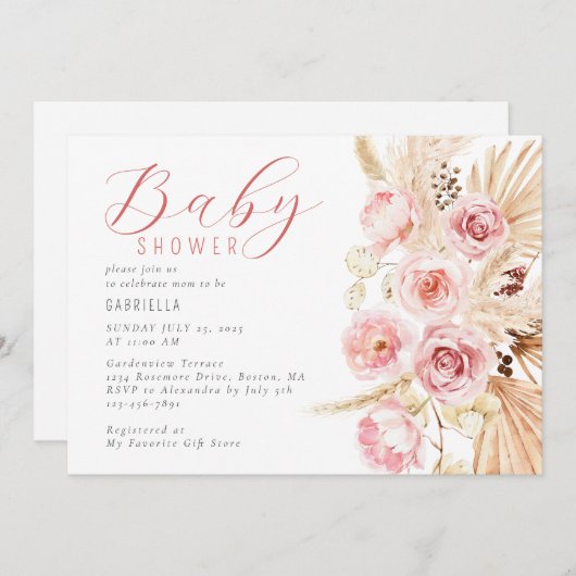 Boho Watercolor Floral Pampas Babydusche Einladung (Vorne/Hinten)