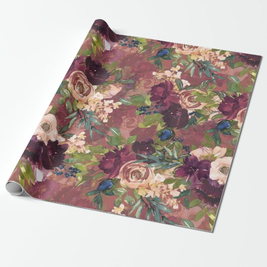 Boho Watercolor Floral Pattern - Burgund | ROSE Geschenkpapier (Ungerollt)