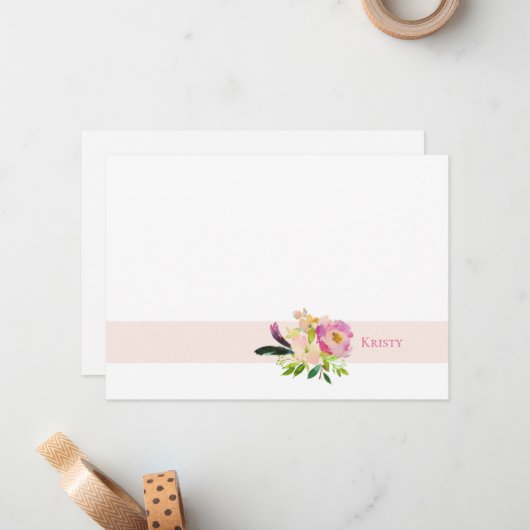 Boho Watercolor Floral Pink Personalisiert Mitteilungskarte (Vorderseite/Rückseite Beispiel)