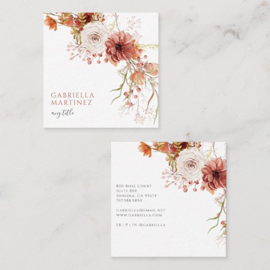 Boho Watercolor Floral Quadratische Visitenkarte (Vorne/Hinten)