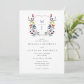 Boho Watercolor Floral Wappen Blue Monogram Weddin Einladung (Stehend Vorderseite)
