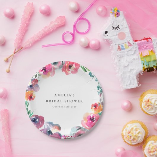 Boho Watercolor Floral Wreath Brautparty Pappteller (Party)