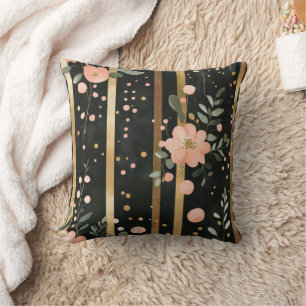 Boho Watercolor Florals Streifen Gold Pink Schwarz Kissen