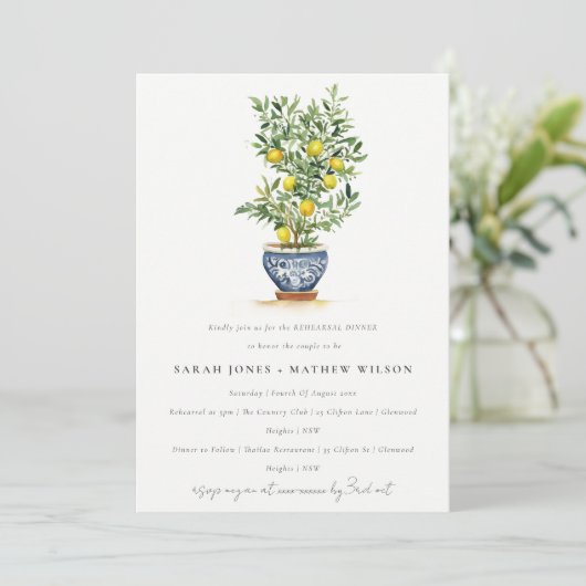 Boho Watercolor Gelbe Zitrone Probe Abendessen Einladung (Stehend Vorderseite)