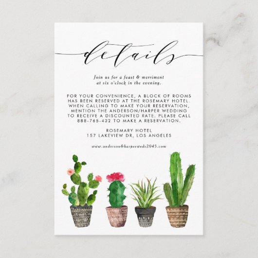 Boho Watercolor gepotted Cactus Wedding Details Begleitkarte (Vorderseite)