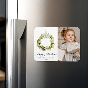 Boho Watercolor Greenery Wreath Holiday Foto Magnet