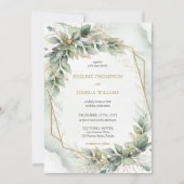 Boho Watercolor grüner Eukalyptus und Goldhochzeit Einladung (Vorderseite)