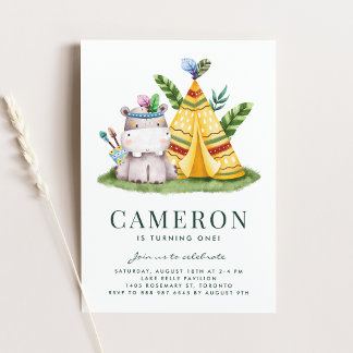 Boho Watercolor Hippo Tribal Erster Geburtstag Einladung