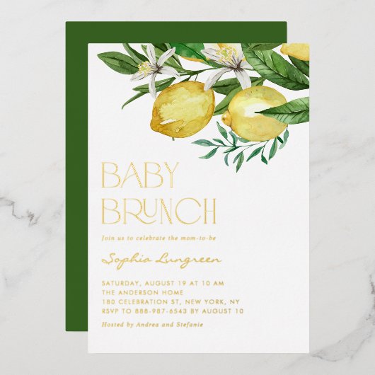 Boho Watercolor Lemon Floral Baby Dusche Brunch Folieneinladung (Vorderseite/Rückseite)