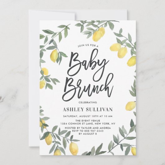 Boho Watercolor Lemon Wreath Baby Showbrunch Einladung (Vorderseite)