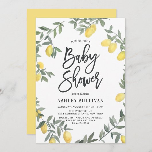 Boho Watercolor Lemon Wreath Baby Shower Einladung (Vorne/Hinten)