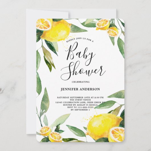 Boho Watercolor Lemon Wreath Baby Shower Einladung (Vorderseite)