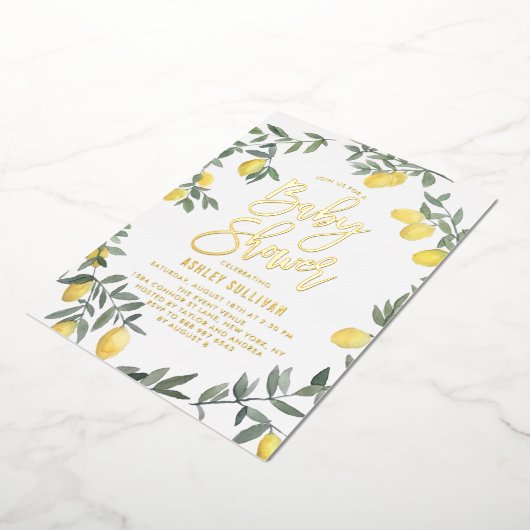 Boho Watercolor Lemon Wreath Baby Shower Folieneinladung (Gedreht)