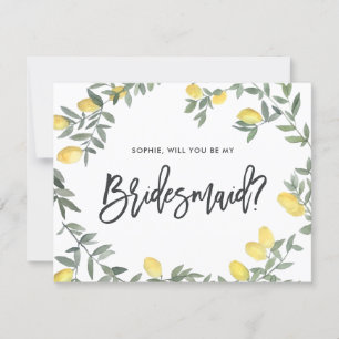 Boho Watercolor Lemon Wreath be My Bridesmaid Card RSVP Karte