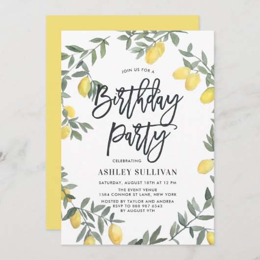 Boho Watercolor Lemon Wreath Birthday Party Einladung (Vorne/Hinten)
