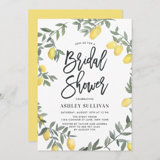 Boho Watercolor Lemon Wreath Brautparty Einladung (Vorne/Hinten)
