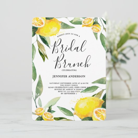 Boho Watercolor Lemon Wreath Bridal Brunch Einladung (Stehend Vorderseite)