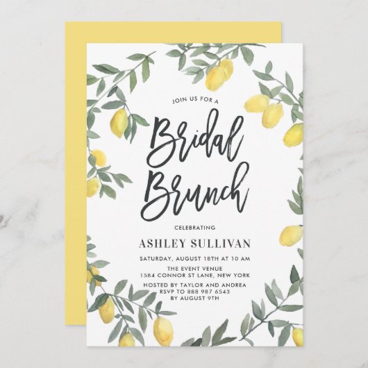 Boho Watercolor Lemon Wreath Bridal Brunch Einladung (Vorne/Hinten)