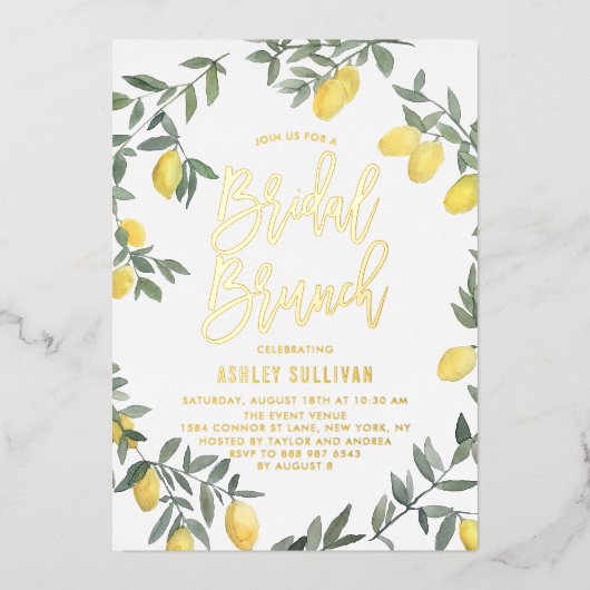 Boho Watercolor Lemon Wreath Bridal Brunch Folieneinladung (Vorderseite)