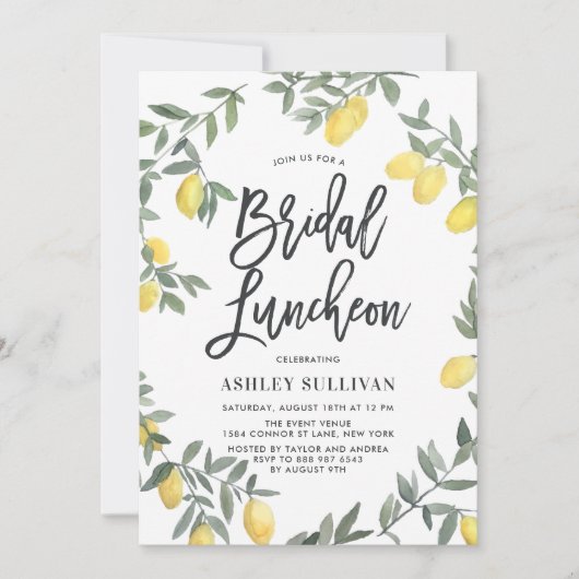 Boho Watercolor Lemon Wreath Bridal Luncheon Einladung (Vorderseite)