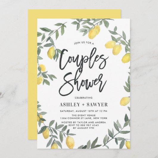 Boho Watercolor Lemon Wreath Couples Dusche Einladung (Vorne/Hinten)