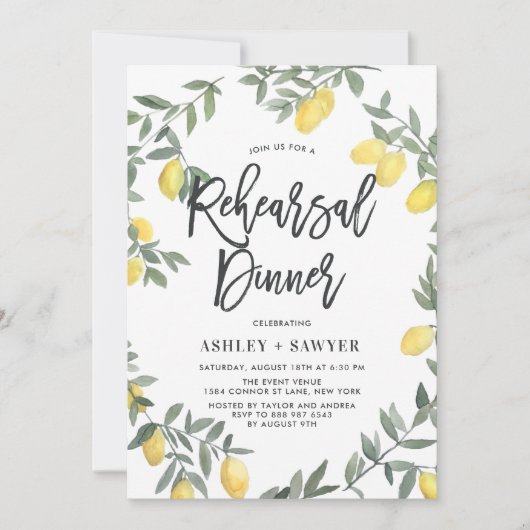 Boho Watercolor Lemon Wreath Rehersal Abendessen Einladung (Vorderseite)