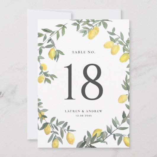 Boho Watercolor Lemon Wreath Wedding Tischnummer (Vorderseite)