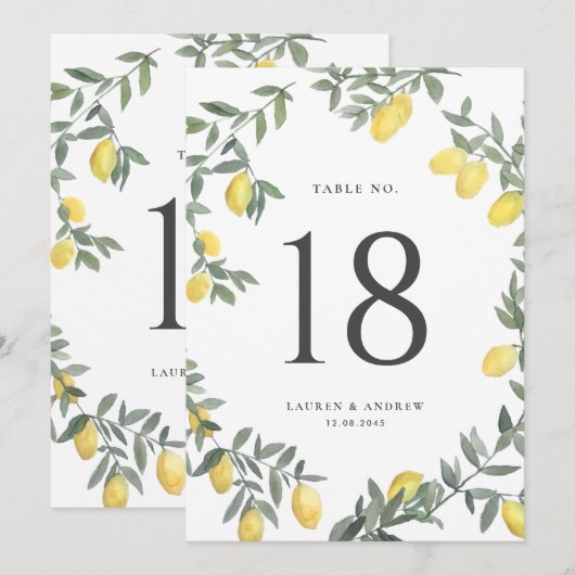 Boho Watercolor Lemon Wreath Wedding Tischnummer (Vorne/Hinten)