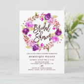 Boho Watercolor Lila Blumenkranz-Brautparty Einladung (Stehend Vorderseite)