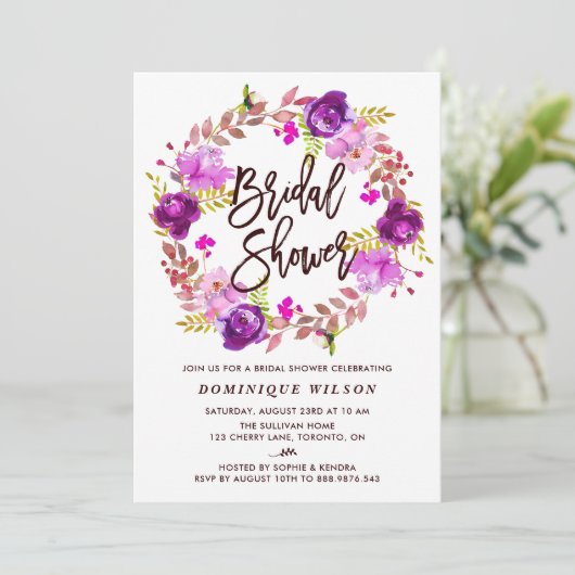 Boho Watercolor Lila Blumenkranz-Brautparty Einladung (Stehend Vorderseite)