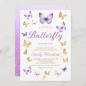 Boho Watercolor lila Butterfly Girl Babydusche Einladung (Vorne/Hinten)