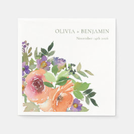 Boho Watercolor Lila Orange Floral Wedding Names Serviette