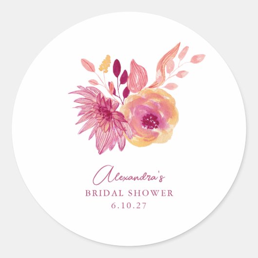Boho Watercolor Magenta Red Blume Brautparty Runder Aufkleber (Vorderseite)