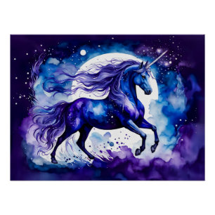 Boho-Watercolor-Majestätisches-blaues-Einhorn-unte Poster