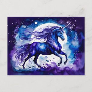 Boho Watercolor Majestic Blue Unicorn Under Starry Postkarte