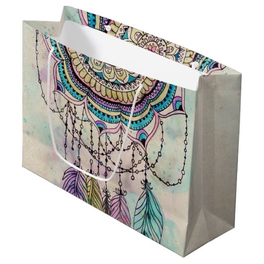 Boho Watercolor Mandala Dreamcatcher Große Geschenktüte (Vorderseite Schrägansicht)