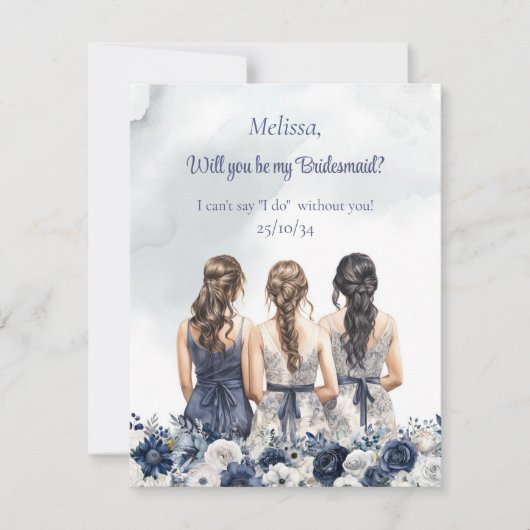 Boho Watercolor Marinebar, blau-weiße Blumenjungfr Einladung (Vorderseite)