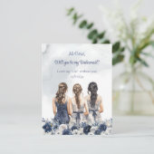 Boho Watercolor Marinebar, blau-weiße Blumenjungfr Einladung (Stehend Vorderseite)