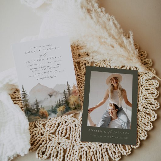 Boho Watercolor Mountain Wedding Einladung