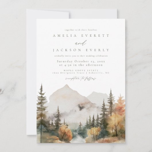 Boho Watercolor Mountain Wedding Einladung (Vorderseite)