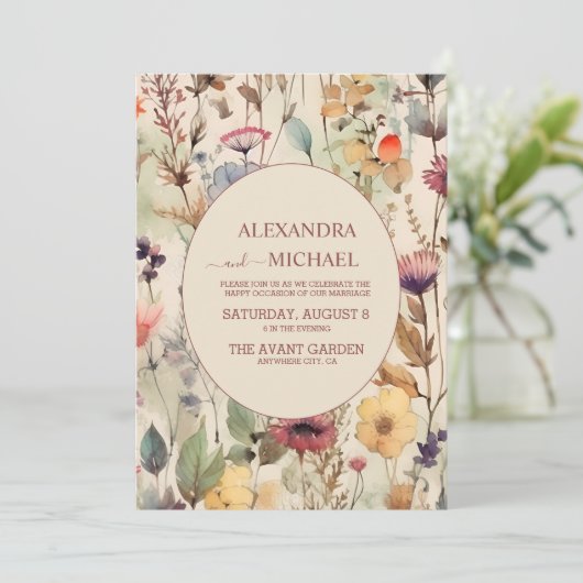 Boho Watercolor Mute Tones Wildblumen Hochzeit Einladung (Stehend Vorderseite)